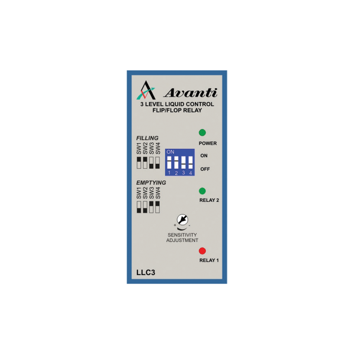 An Avanti 3 Level Liquid Control Flipflop Relay (model LLC3) with a gray faceplate, blue border, and green and red indicator lights.