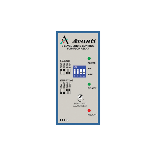 An Avanti 3 Level Liquid Control Flipflop Relay (model LLC3) with a gray faceplate, blue border, and green and red indicator lights.