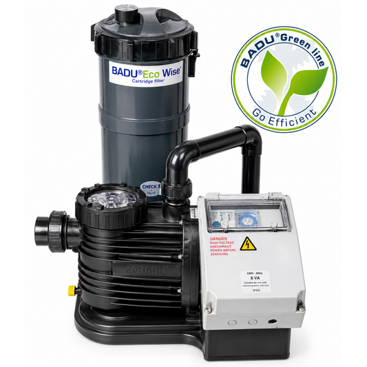 A pool pump and filter system with a black cartridge filter, black pump, and a white electrical control box, shown on a white background with a green 'BADU Green line Go Efficient' badge.