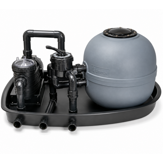A pool filtration and heating system set on a white background, featuring a large gray spherical heater, a black multi-port pump tray, a black sand filter, and a black multi-port valve.
