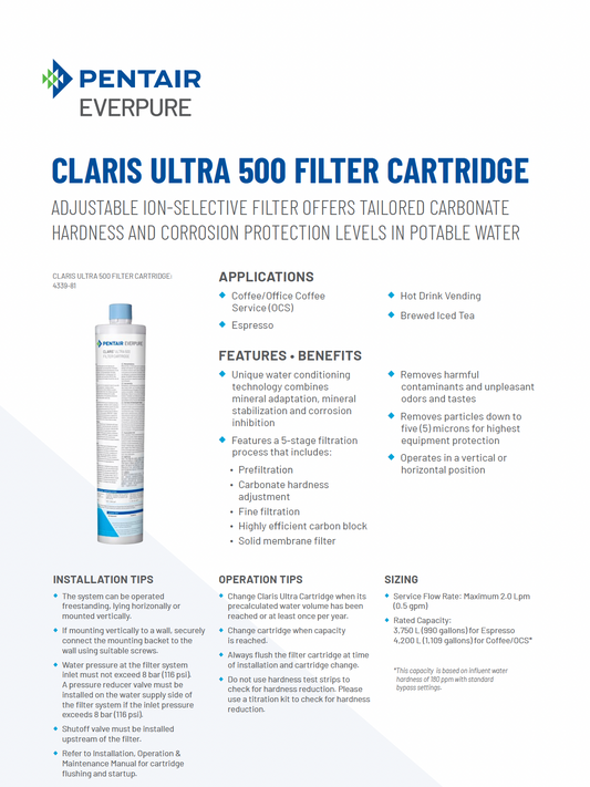 Everpure Claris Ultra water filter cartridge for coffee and espresso machines