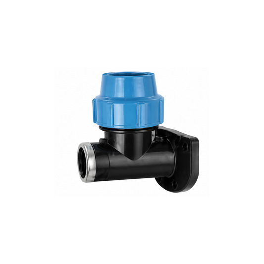 Compression wall plate elbow for PE pipe to threaded water outlet connection