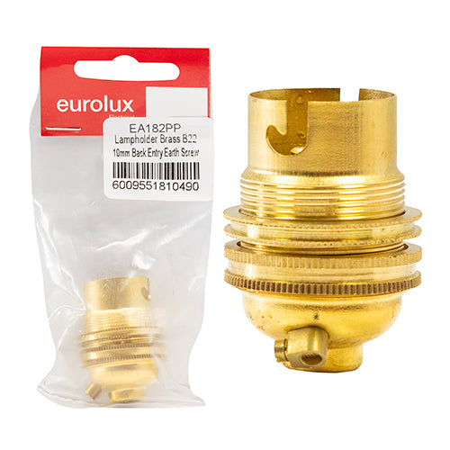 Eurolux B22 Brass Lampholder 10mm Back Entry with Earth Screw – Bag PP