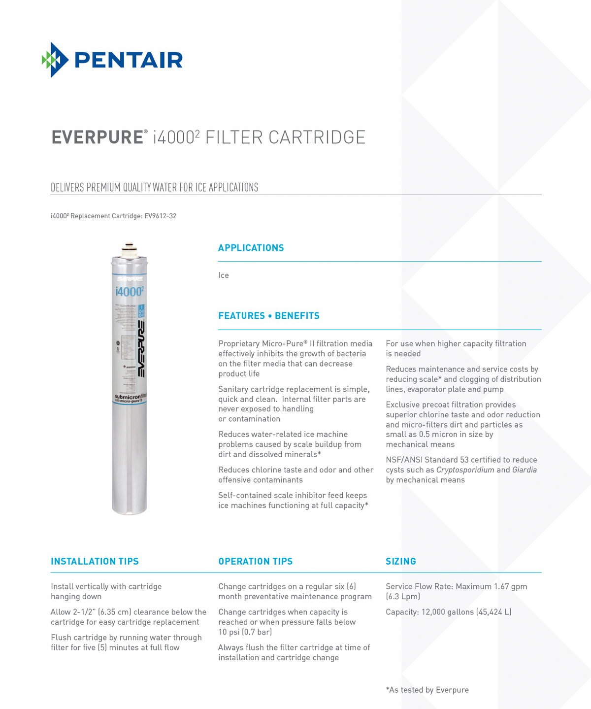 i4000 Everpure ice machine filter, 12,000 gallon capacity