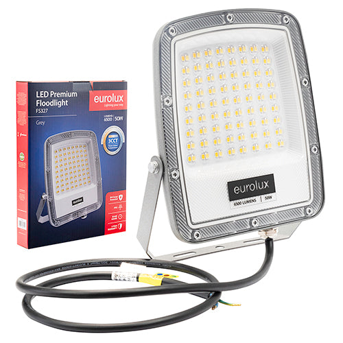 Eurolux 50W premium LED floodlight, grey aluminium, IP65, 3CCT