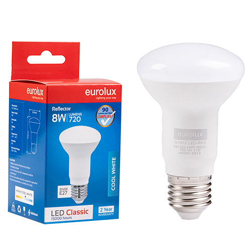 Eurolux Reflector R63 Classic 8W LED Lamp – E27 Screw, 4000K Cool White