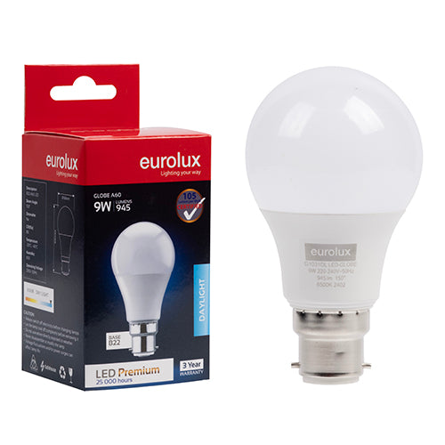 Eurolux A60 Premium 9W LED Bulb – B22 Bayonet, 6500K Cool Daylight