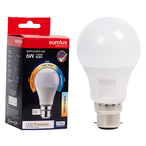 Eurolux A60 Premium Switchable 6W LED Bulb – B22 Bayonet, 3000K/6500K Switchable