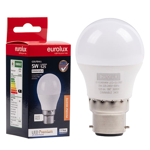 Eurolux Golfball Premium 5W Dimmable LED Bulb – B22 Bayonet, 3000K Warm White