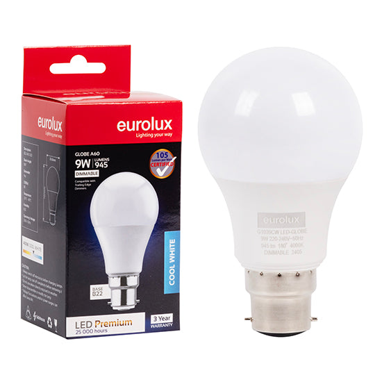 Eurolux A60 Premium 9W Dimmable LED Bulb – B22 Bayonet, 4000K Cool White