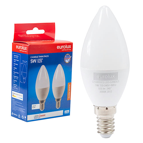 Eurolux Candle Classic 5W LED Bulb – E14 Small Screw, Twin Pack, 3000K Warm White