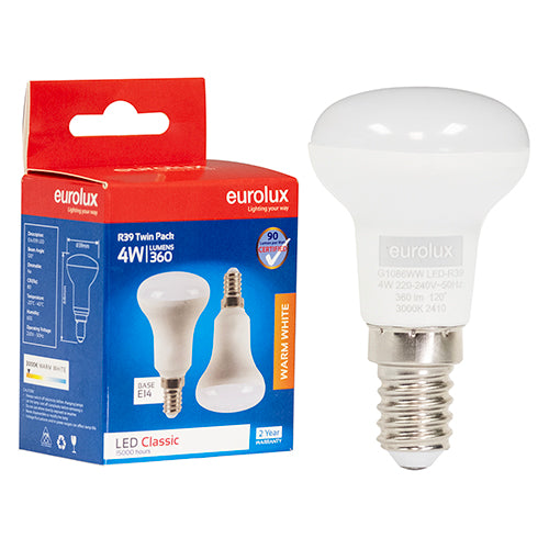 Eurolux Reflector R39 Classic 4W LED Lamp – E14 Small Screw, Twin Pack, 3000K Warm White