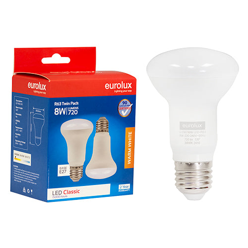 Eurolux Reflector R63 Classic 8W LED Lamp – E27 Screw, Twin Pack, 3000K Warm White