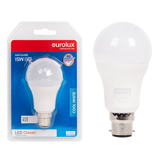 Eurolux A60 Classic 15W LED Bulb – B22 Bayonet, 4000K Cool White