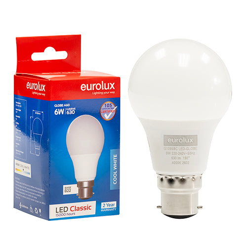Eurolux A60 Classic 6W LED Bulb – B22 Bayonet, 4000K Cool White