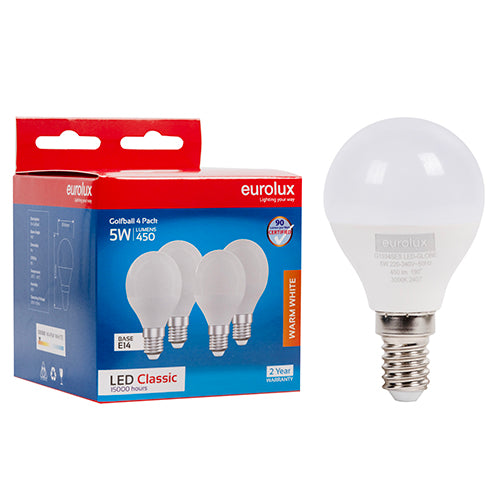 Eurolux Golfball Classic 5W LED Bulb – E14 Small Screw, 4 Pack, 3000K Warm White