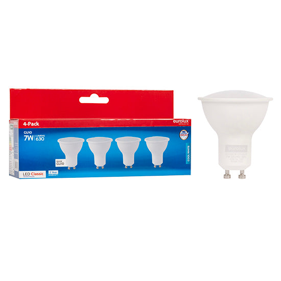 Eurolux GU10 Classic Frosted Lens 7W LED Lamp – GU10, 4 Pack, 4000K Cool White