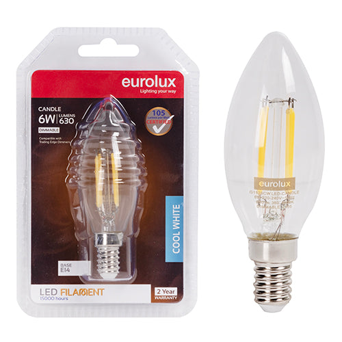 Eurolux Candle Filament Clear 6W Dimmable LED Bulb – 4000K Cool White