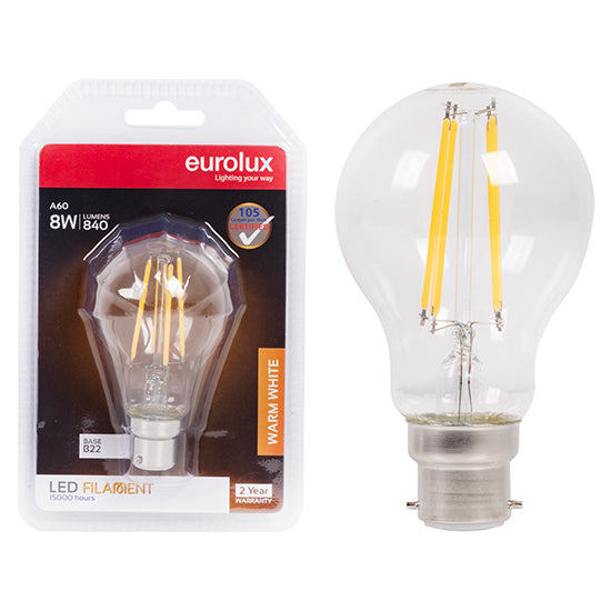 Eurolux A60 Filament Clear 8W LED Bulb – B22 Bayonet, 3000K Warm White