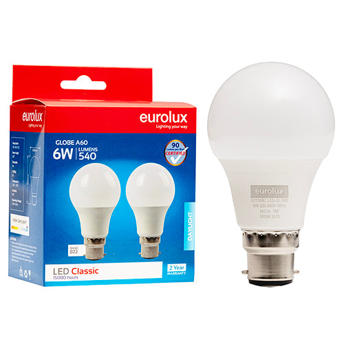 Eurolux A60 Classic 6W LED Bulb – B22 Bayonet, Twin Pack, 6500K Cool Daylight