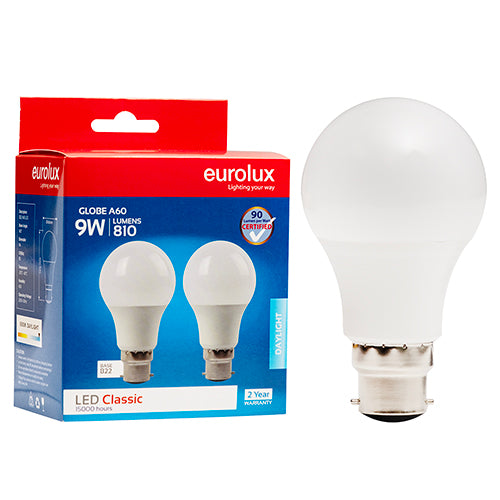 Eurolux A60 Classic 9W LED Bulb – B22 Bayonet, Twin Pack, 6500K Cool Daylight
