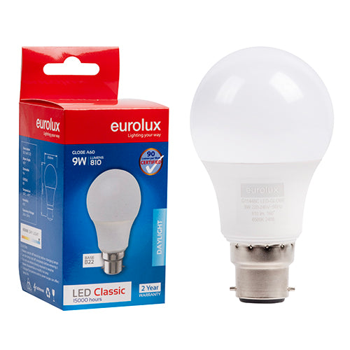 Eurolux A60 Classic 9W LED Bulb – B22 Bayonet, 6500K Cool Daylight