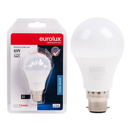 Eurolux A60 Classic Day/Night Sensor 6W LED Bulb – B22 Bayonet, 4000K Cool White