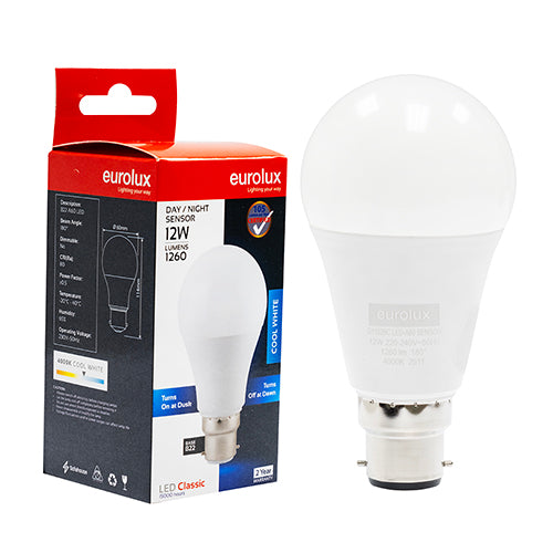 Eurolux A60 Classic Day/Night Sensor 12W LED Bulb – B22 Bayonet, 4000K Cool White