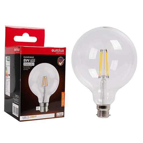 Eurolux Maxi Globe G125 Filament 8W Dimmable LED Bulb – B22 Bayonet, 3000K Warm White
