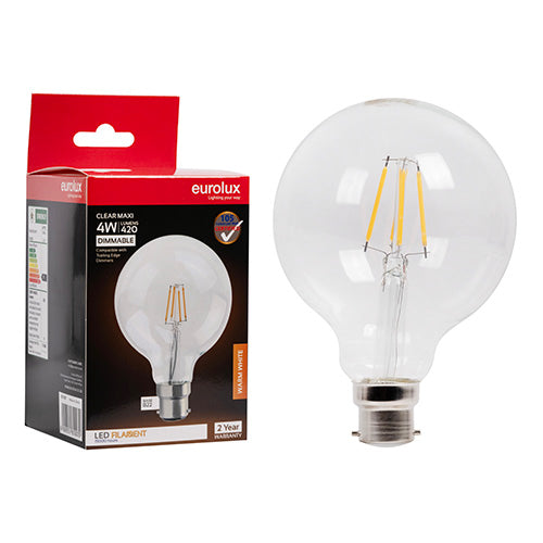 Eurolux Maxi Globe G95 Filament 4W Dimmable LED Bulb – B22 Bayonet, 3000K Warm White