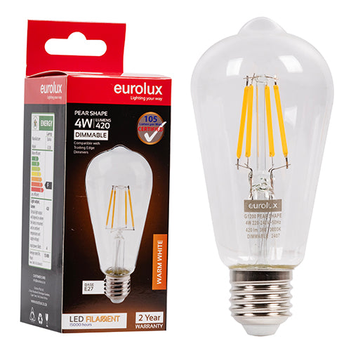 Eurolux Mini Pear Filament 4W Dimmable LED Bulb – E27 Screw, 3000K Warm White