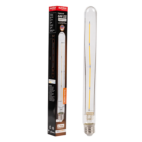 Eurolux Tubular T30-300 Filament 6W Dimmable LED Bulb – E27 Screw, 3000K Warm White