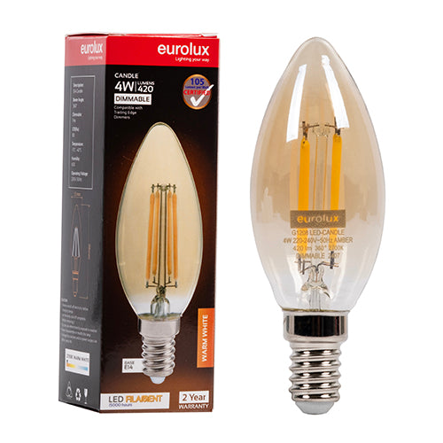 Eurolux Candle Filament Amber 4W Dimmable LED Bulb – E14 Small Screw, 2700K Warm White