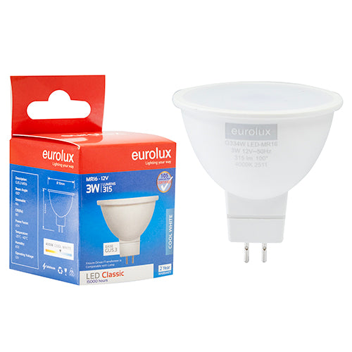 Eurolux MR16 Classic Clear Lens 3W LED Lamp – GU5.3, 4000K Cool White