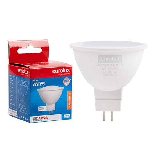 Eurolux MR16 Classic Frosted Lens 3W LED Lamp – GU5.3, 3000K Warm White