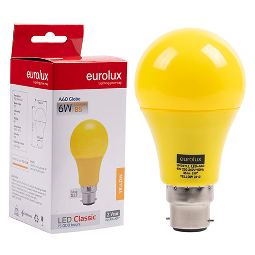Eurolux A60 Coloured Classic 6W LED Bulb – B22 Bayonet, Yellow