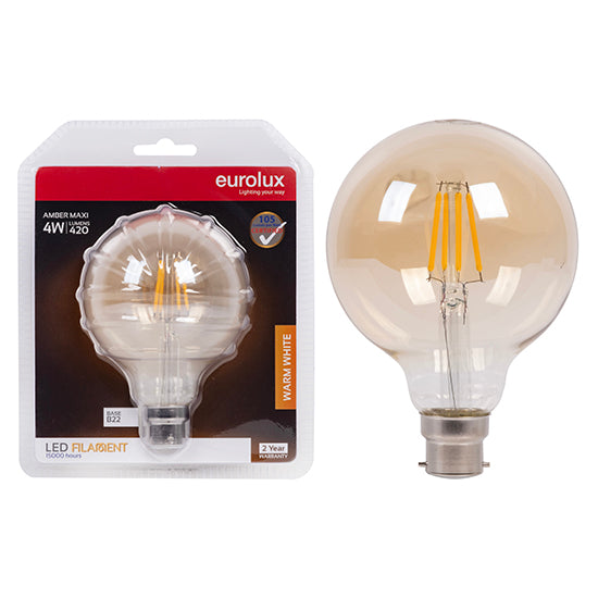 Eurolux Maxi Globe G95 Filament Amber 4W LED Bulb – B22 Bayonet, 2700K Warm White