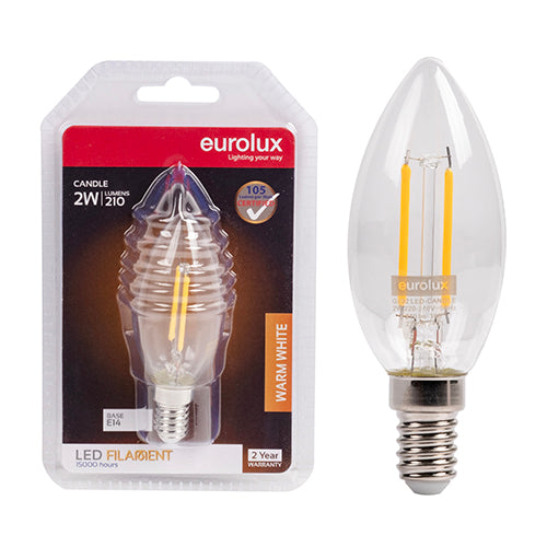 Eurolux Candle Filament 2W LED Bulb – E14 Small Screw, 2700K Warm White