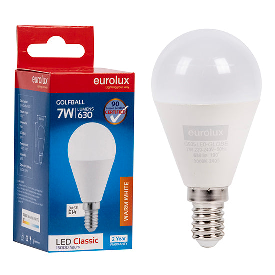 Eurolux Golfball Classic 7W LED Bulb – E14 Small Screw, 3000K Warm White