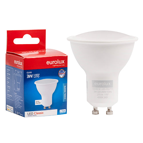 Eurolux GU10 Classic Frosted Lens 3W LED Lamp – GU10, 4000K Cool White