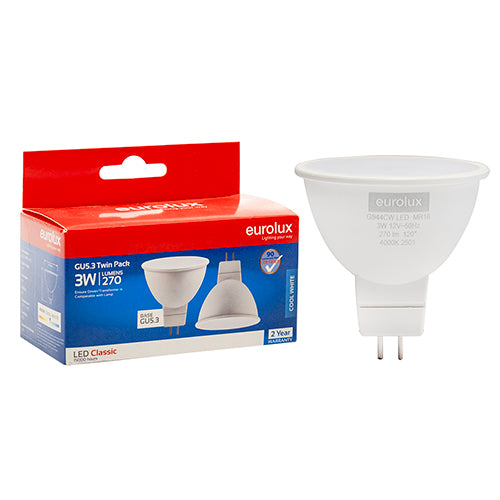Eurolux MR16 Classic Frosted Lens 3W LED Lamp – GU5.3, Twin Pack, 4000K Cool White