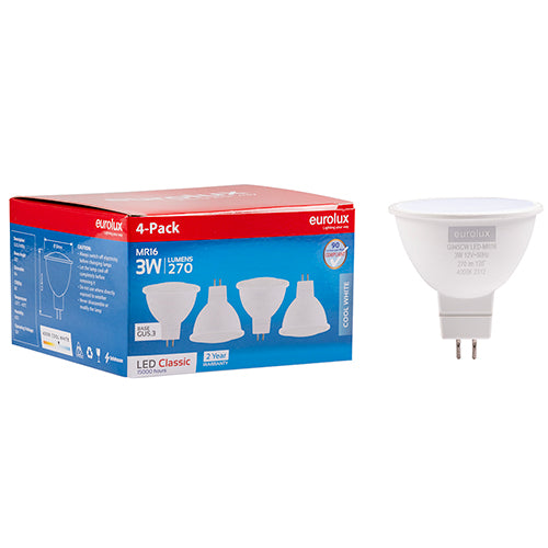 Eurolux MR16 Classic Frosted Lens 3W LED Lamp – GU5.3, 4 Pack, 4000K Cool White