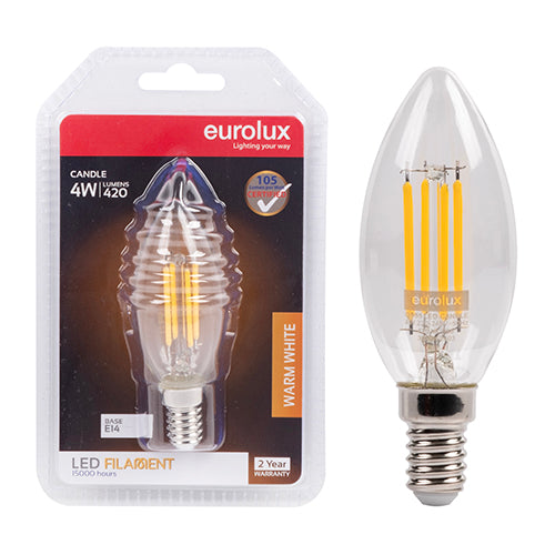 Eurolux Candle Filament 4W LED Bulb – E14 Small Screw, 3000K Warm White