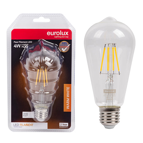 Eurolux Pear Shaped Filament 4W LED Bulb – E27 Screw, 3000K Warm White