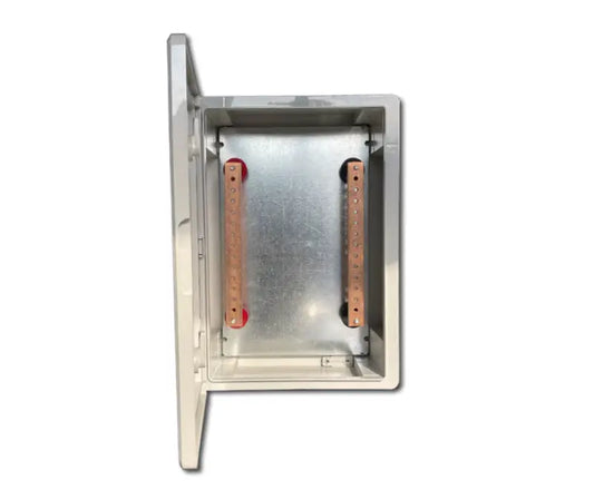 MCE IP65 busbar enclosure with busbar and red and black insulators