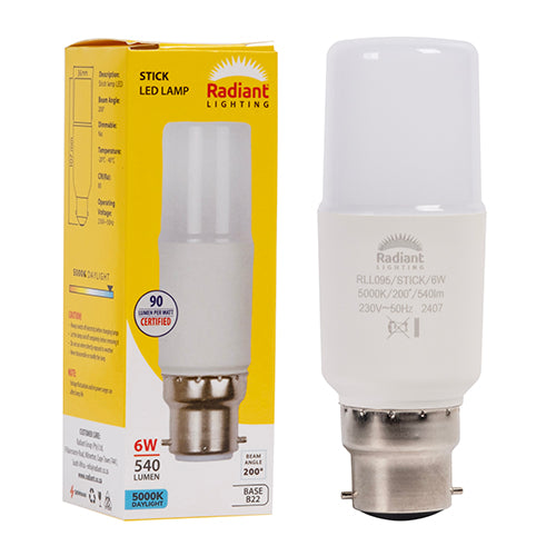 Radiant Stick Lamp Frosted T36 6W LED Bulb – B22 Bayonet, 5000K Daylight