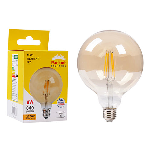 Radiant Maxi Globe G125 Filament Amber 8W LED Bulb – E27 Screw, 2700K Warm White