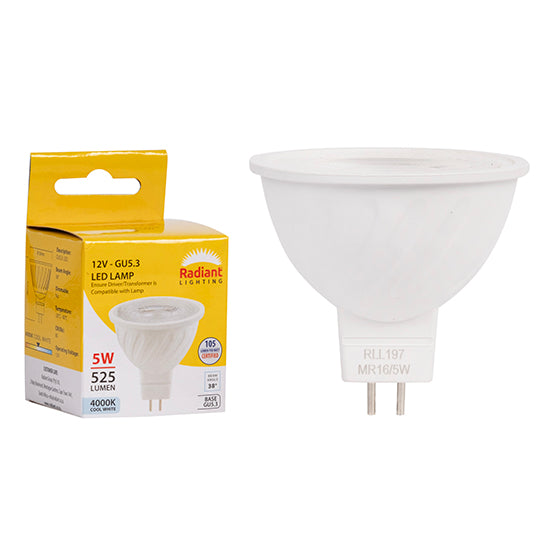 Radiant MR16 Frosted Lens 5W LED Lamp – GU5.3, 4000K Cool White