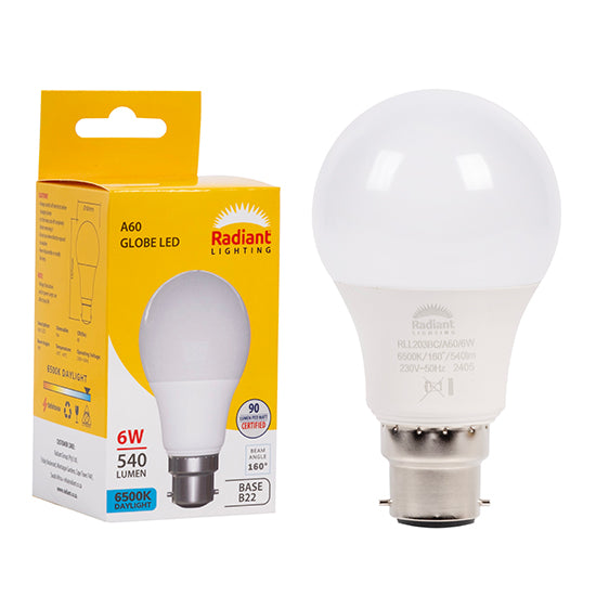 Radiant A60 6W LED Bulb – B22 Bayonet, 6500K Cool Daylight
