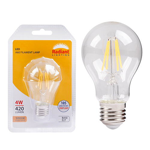 Radiant A60 Filament Clear 4W LED Bulb – E27 Screw, 3000K Warm White